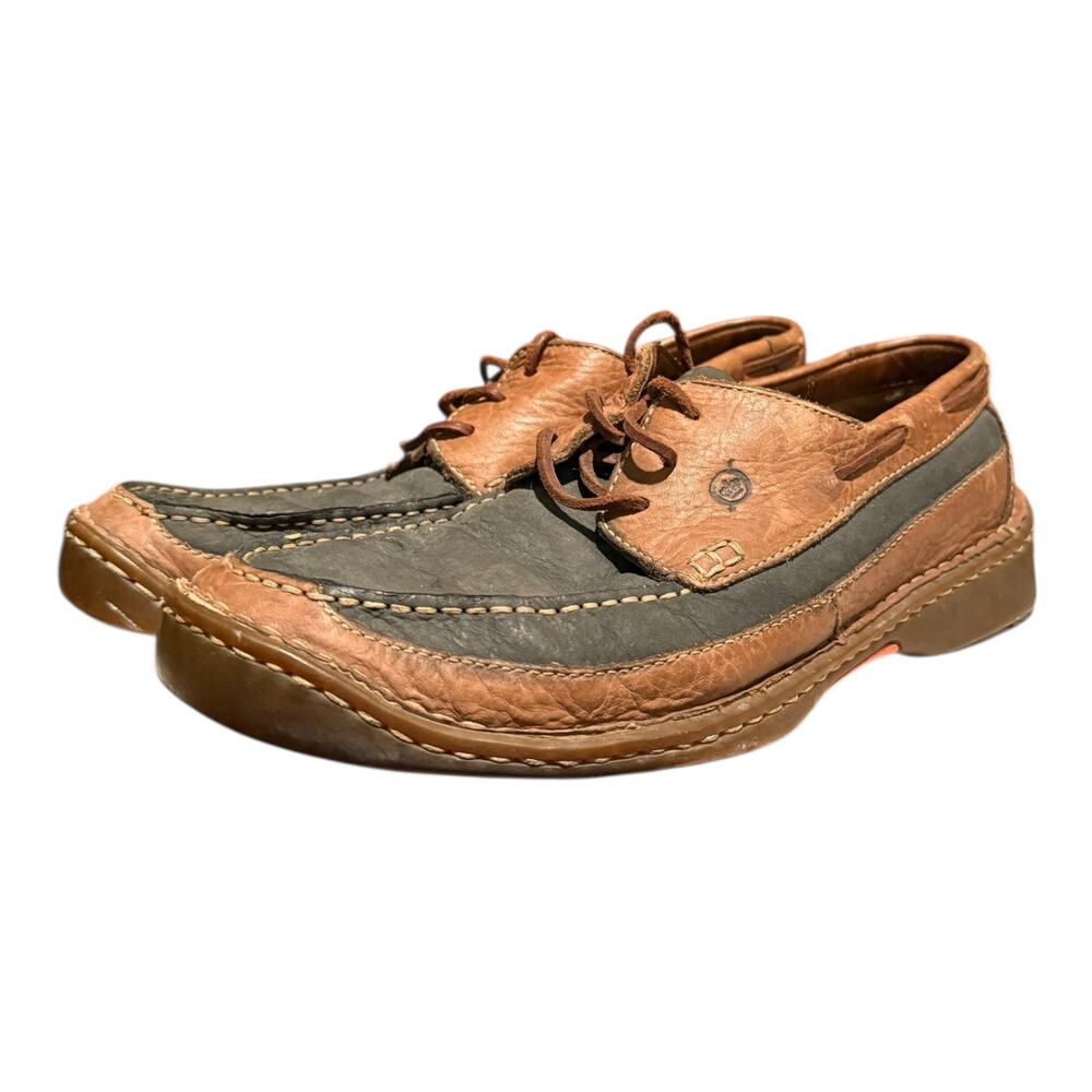 Born Men's Deck Shoe Size 9.5 M Lace Up Boat Loafer Two Tone Brown Leather - Picture 1 of 10